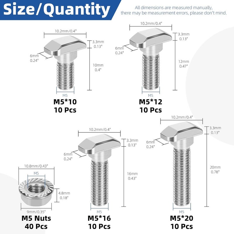Glarks 80pcs M5 T Slot Drop-in Bolt with Hexagon Flange Nut Set, 10/12/16/20MM Hammer Head T-Bolt, T Shape Stud Sliding Screw, T Screw Stud for European Standard 20 Series Aluminum Profile - Image 2